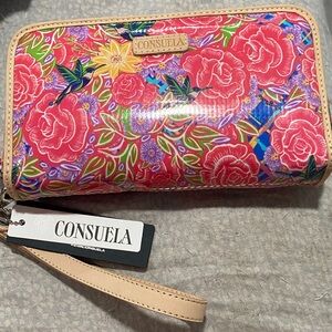 Consuela Hot Pink Floral Zip Wristlet with Tan Strap
